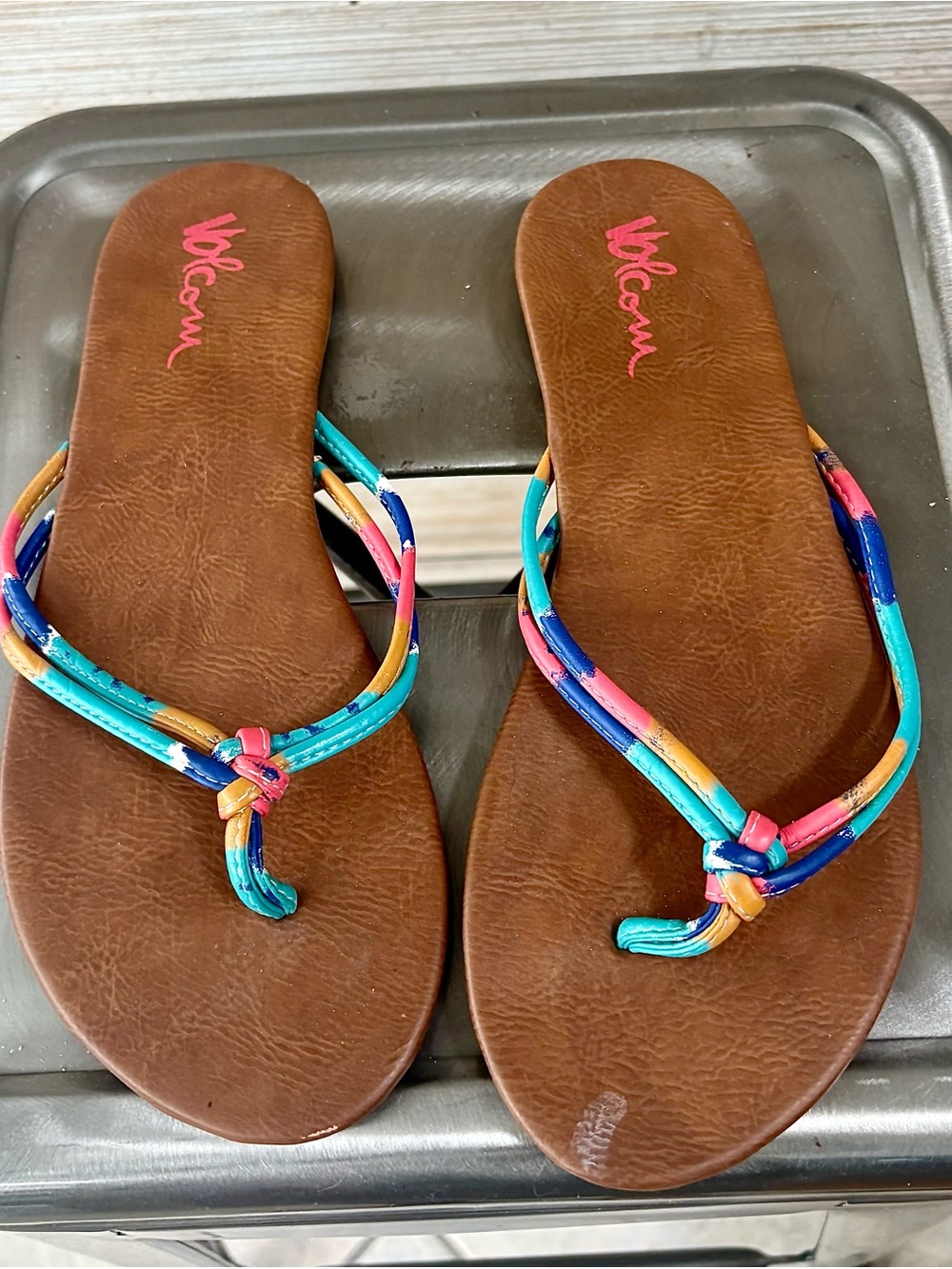 Volcom Brown Footbed Sandals with Multicolor Braided Straps